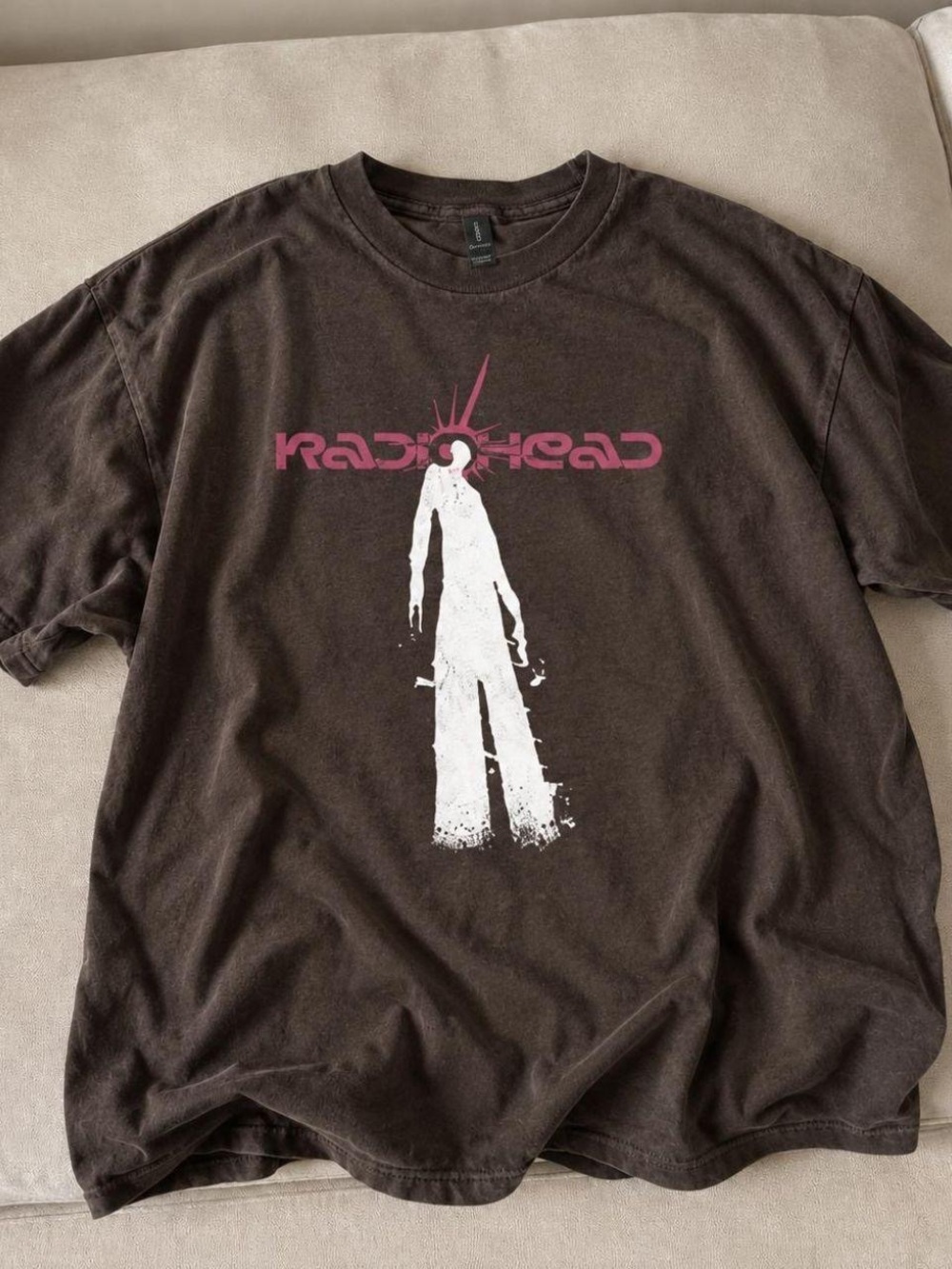 Gildan Brown Radiohead Tee with White Silhouette and Pink Logo
